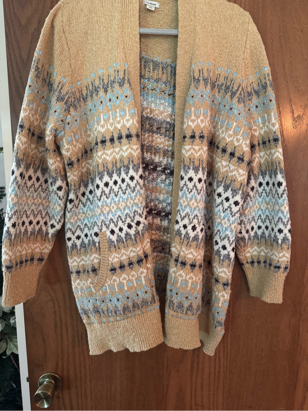 L.L. Bean Men's Tan Fair Isle Knit Cardigan with Blue Accents